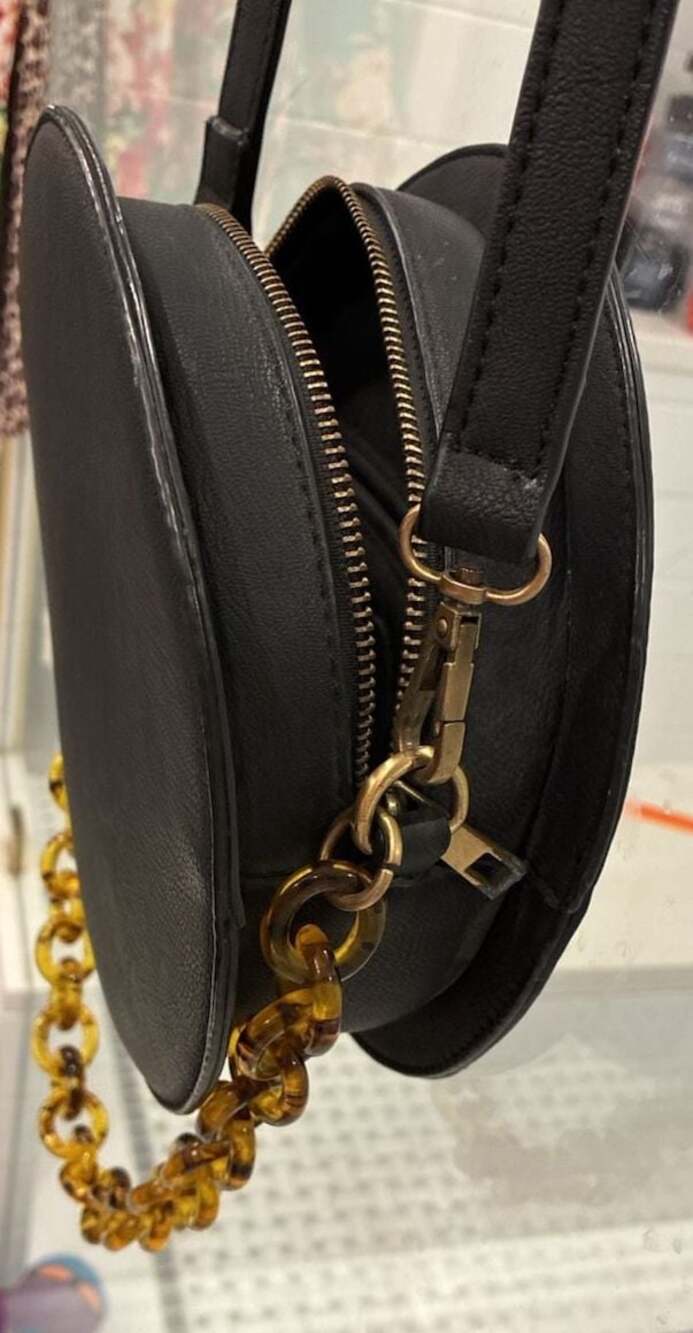 Anthropologie Black Round Crossbody Bag with Tortoiseshell Acrylic Chain Detail - Picture 4 of 6